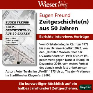 Vom Ortstafelkonflikt in Kärnten 1972 bis zum Ukraine-Krieg 2022, von den „dunklen Wolken über der US-Autoindustrie“ 1980 bis zum Impeachment gegen Donald Trump im Dezember 2019, vom ersten Porträt des damals noch fast unbekannten Autors Peter Turrini im „Profil“ 1973 bis zu Theater-Matineen im Stadttheater Klagenfurt 2006 ...